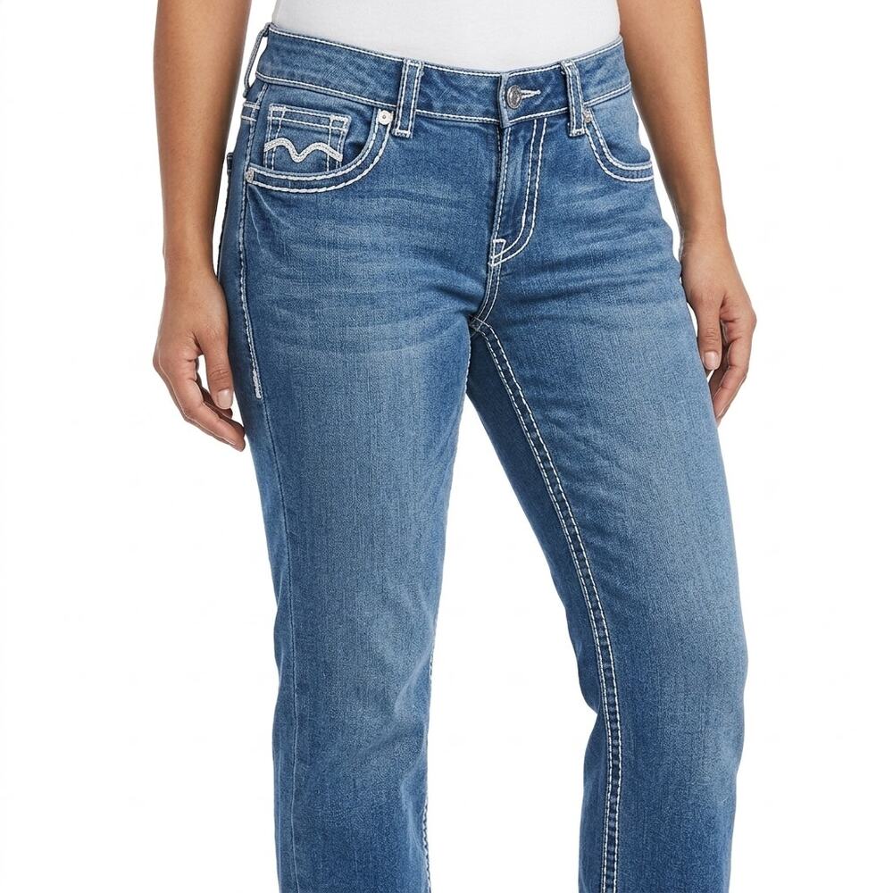 Fusai Blue Straight Leg Embroidered Pockets Jeans Women See Measurements